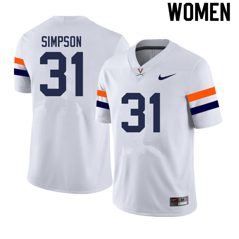 Women #31 Shane Simpson Virginia Cavaliers College Football Jerseys Sale-White